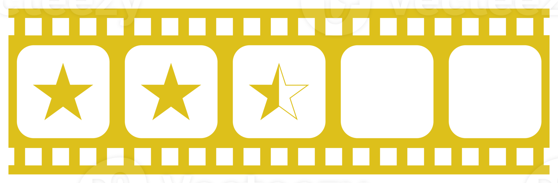 visual del signo de cinco estrellas en la silueta de la tira de película. símbolo de icono de clasificación de estrellas para reseñas de películas o películas, pictogramas, aplicaciones, sitios web o elementos de diseño gráfico. calificación 2,5 estrellas. formato png