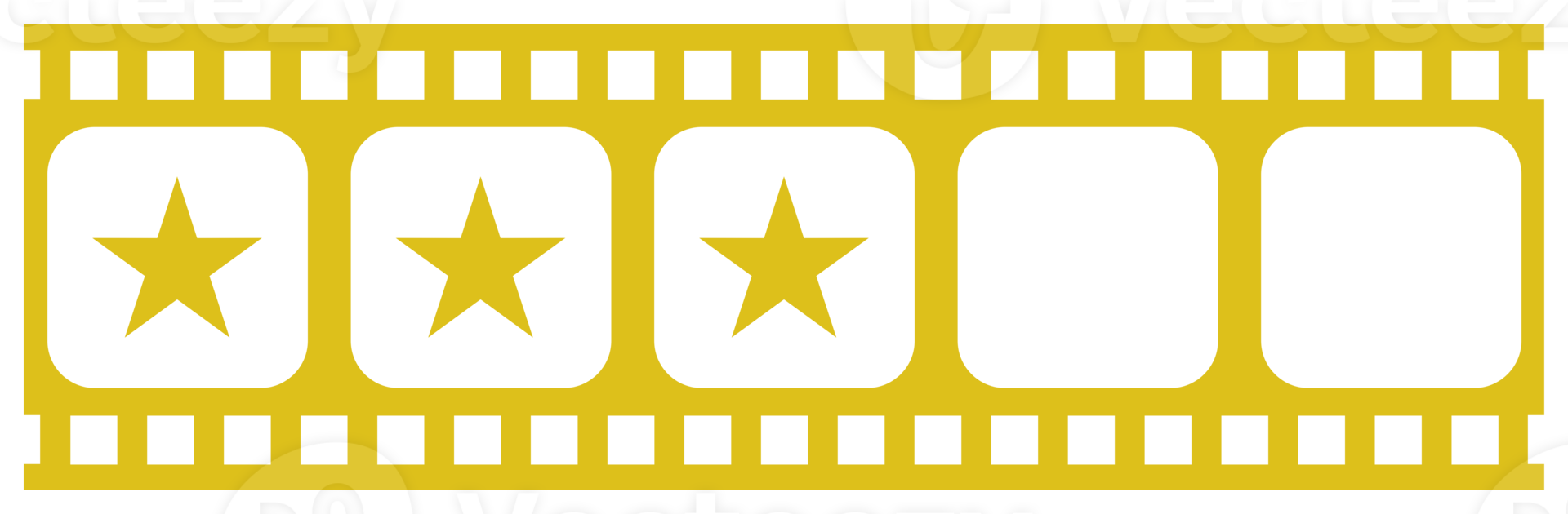 visual del signo de cinco estrellas en la silueta de la tira de película. símbolo de icono de clasificación de estrellas para reseñas de películas o películas, pictogramas, aplicaciones, sitios web o elementos de diseño gráfico. calificación 3 estrellas. formato png