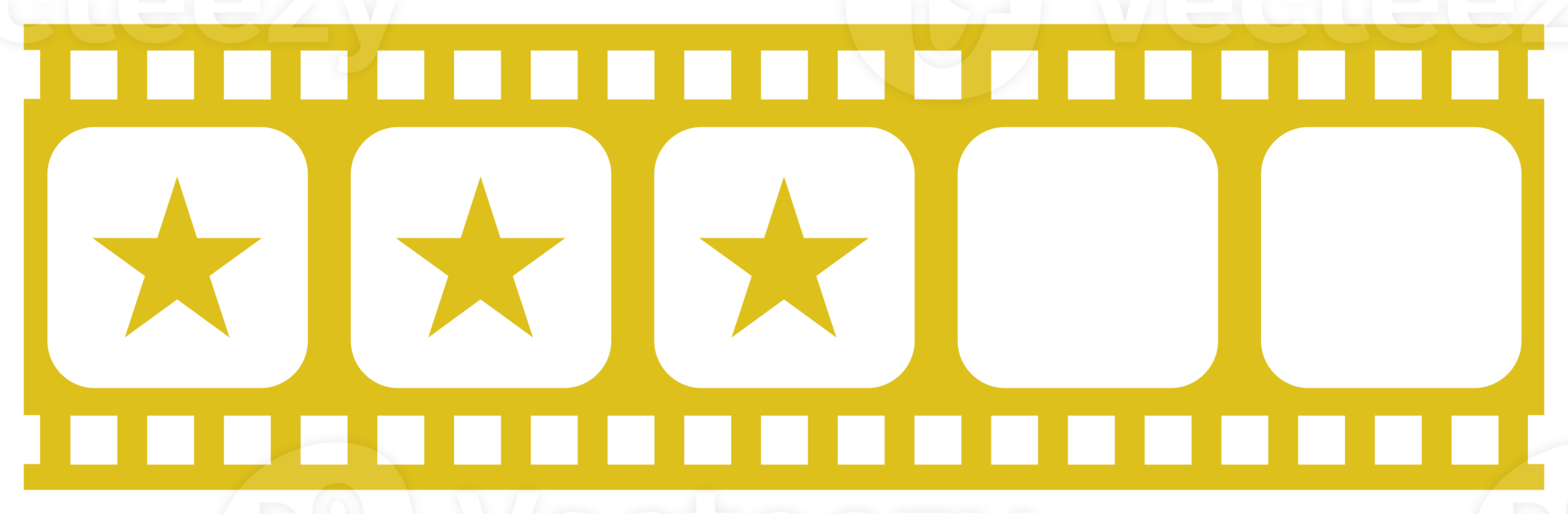 Bild der fünf 5-Sterne-Zeichen in der Filmstreifen-Silhouette. Sternbewertungssymbol für Film- oder Filmkritik, Piktogramm, Apps, Website oder Grafikdesignelement. Bewertung 3 Sterne. PNG-Format png