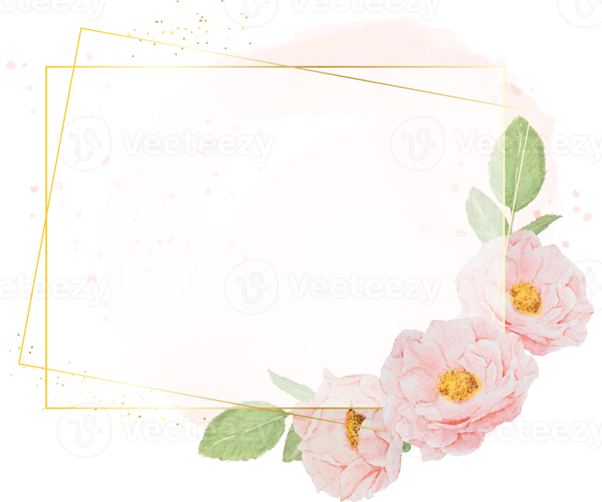 watercolor pink roses with golden wreath frame on watercolor background with copy space png