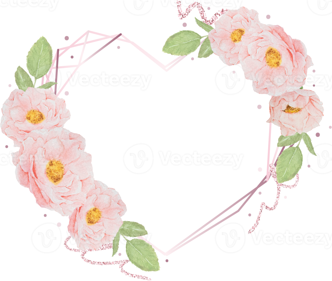 watercolor pink rose heart frame with glitter for wedding valentines  mothers day or birthday png