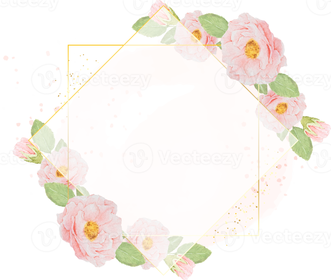 watercolor pink roses with golden wreath frame on watercolor background with copy space png