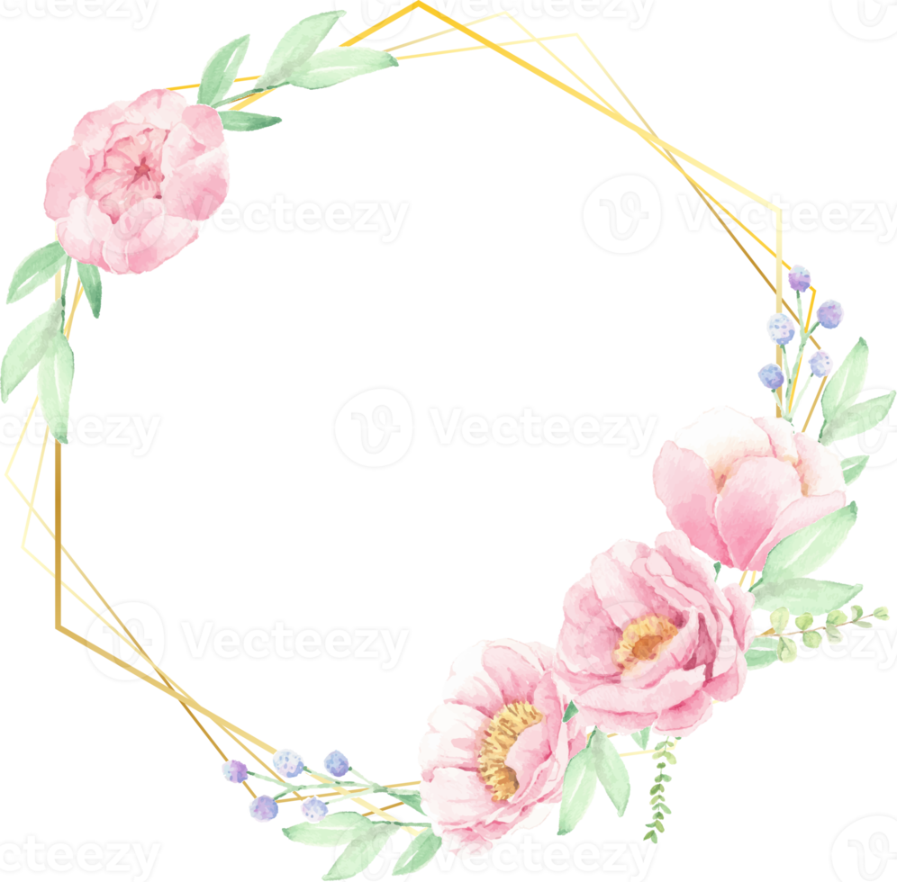 watercolor pink peony flower bouquet arrangement wreath with golden frame for logo or banner png