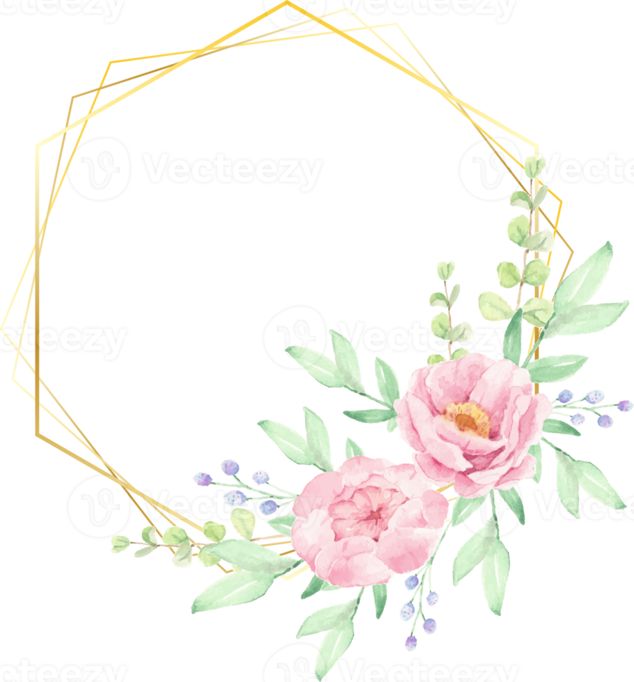 watercolor pink peony flower bouquet arrangement wreath with golden frame for logo or banner png