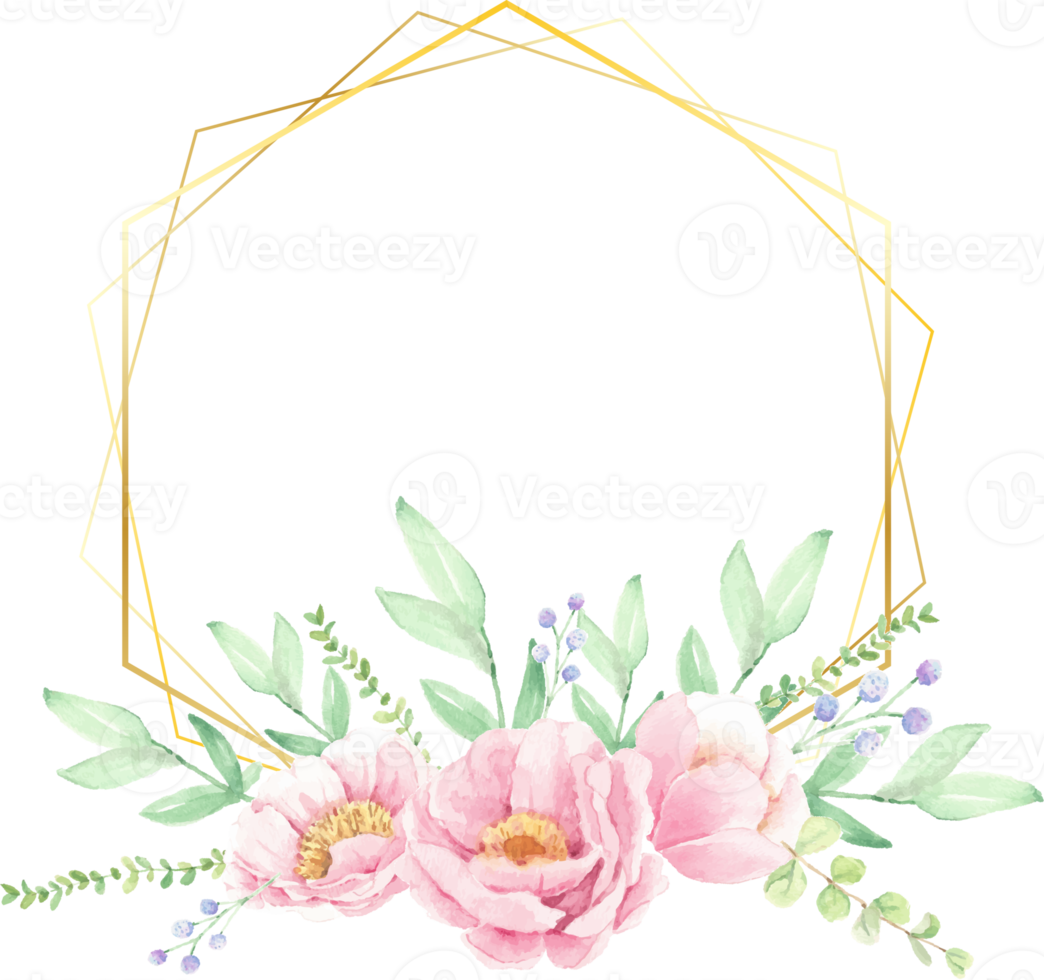 watercolor pink peony flower bouquet arrangement wreath with golden frame for logo or banner png