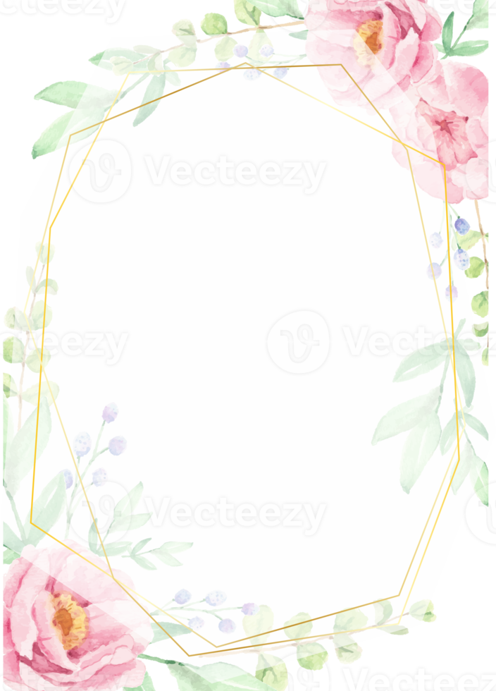 pink rose and peony flower bouquet wreath with frame with gold geometry frame png