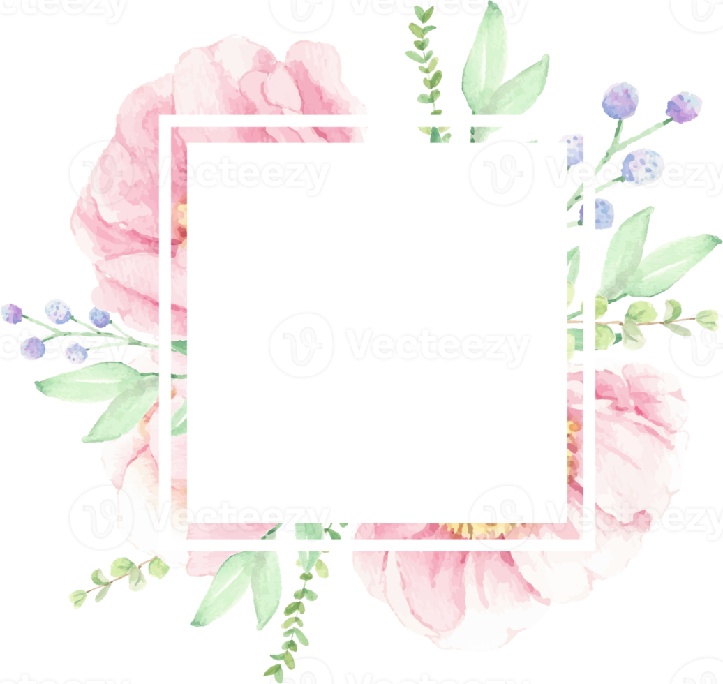 quadro de grinalda de arranjo de buquê de flores de peônia rosa aquarela png