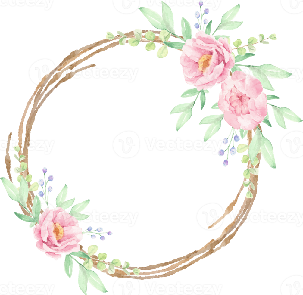 watercolor pink peony flower bouquet on brown dry twig wreath frame png