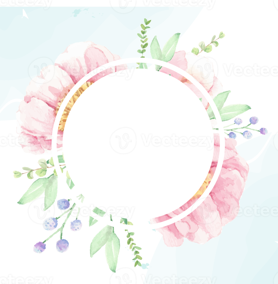 watercolor pink peony flower bouquet wreath with gold glitter frame square wedding invitation card or banner png