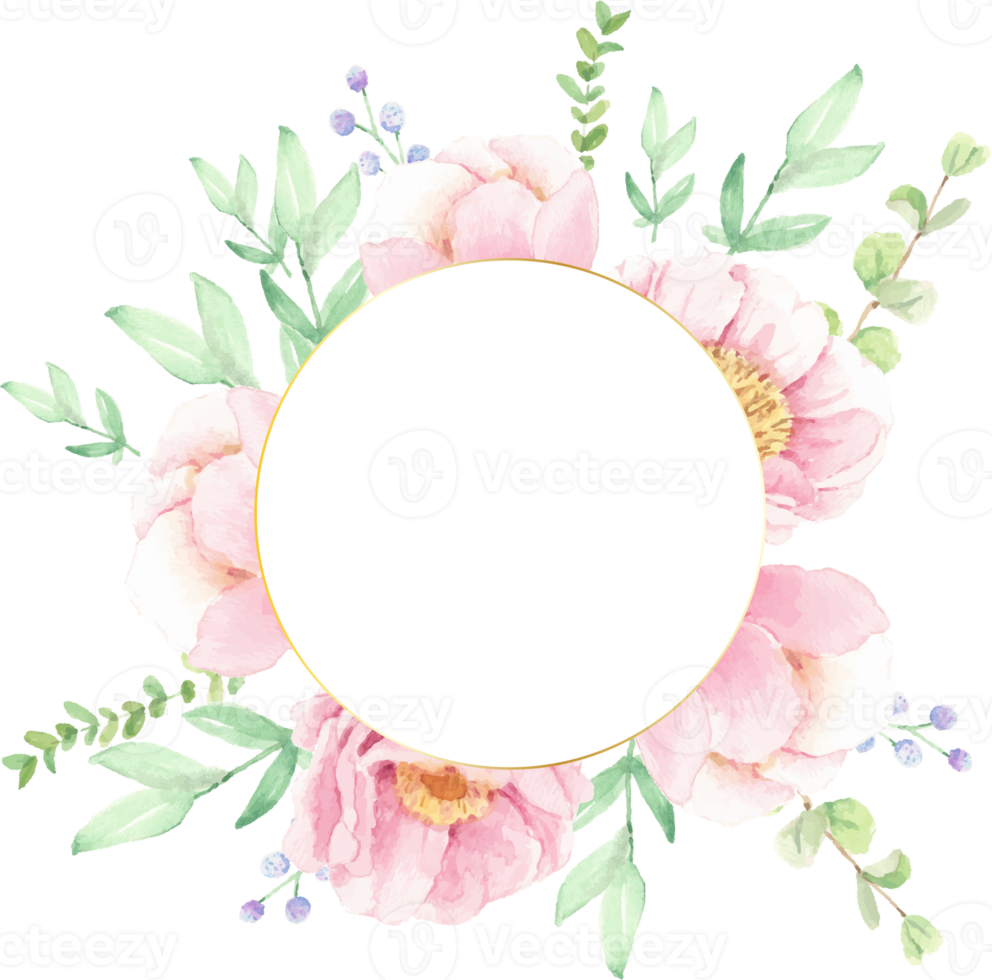 watercolor pink peony flower bouquet arrangement wreath with golden frame for logo or banner png