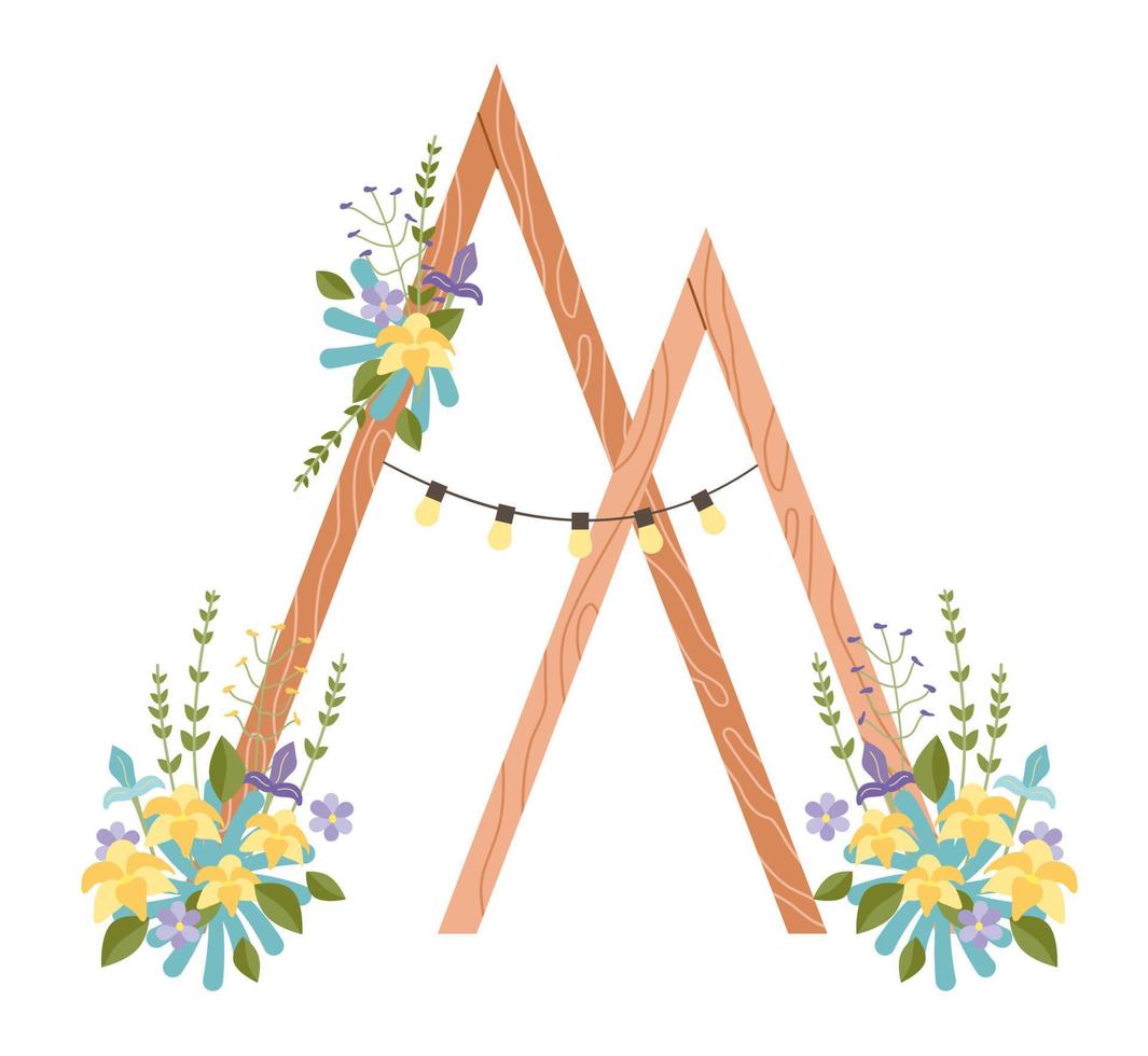 Modern wooden wedding arch with ribbons and flowers in boho style. Triangular arches, light bulbs vector