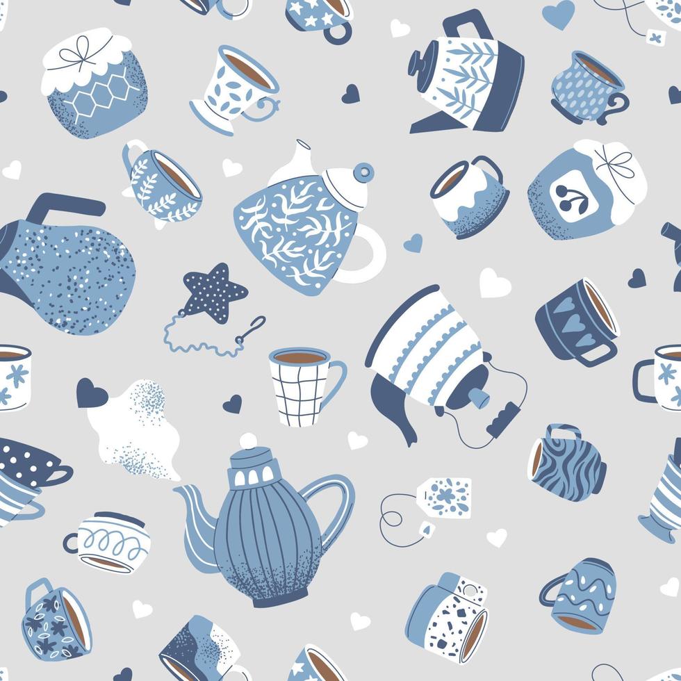 Seamless pattern with Scandinavian-style mugs and teapots. Blue blue mugs and coffee pots on a gray background vector