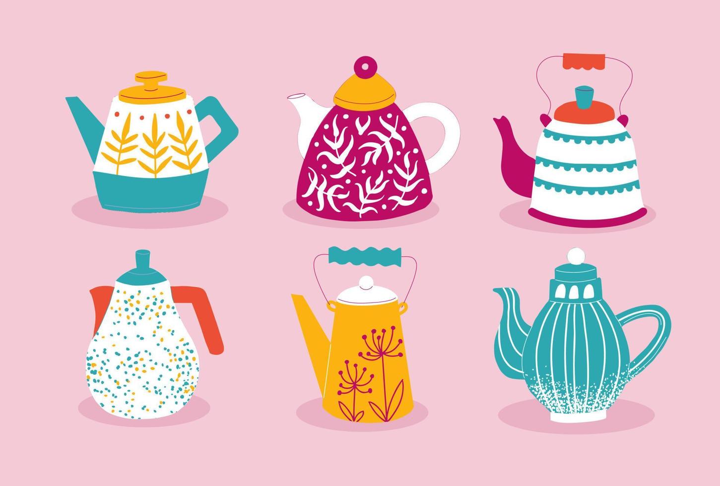 A set of colorful handmade teapots. Colored coffee pots. Painting of ceramic dishes vector