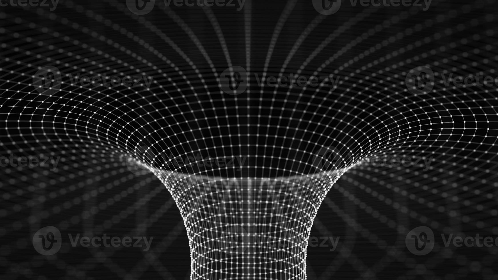 Abstract 3d Surface Looks Like Funnel. Futuristic Technology Style. Perspective Grid Background Texture. Illustration. Futuristic 3d portal. Space-time portal 3d visualization. Wireframe tunnel. photo