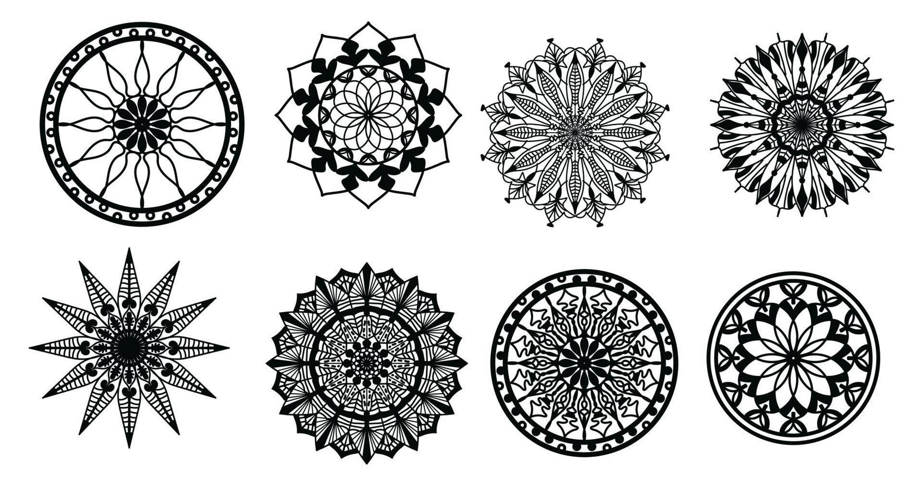 establecer mandala, mandala negro, fondo de diseño de mandala ornamental de lujo, diseño de mandala, diseño de papel tapiz de arte de libro de colorear de patrón de mandala, patrón de mosaico, mandala en blanco y negro, islam, árabe, indio vector