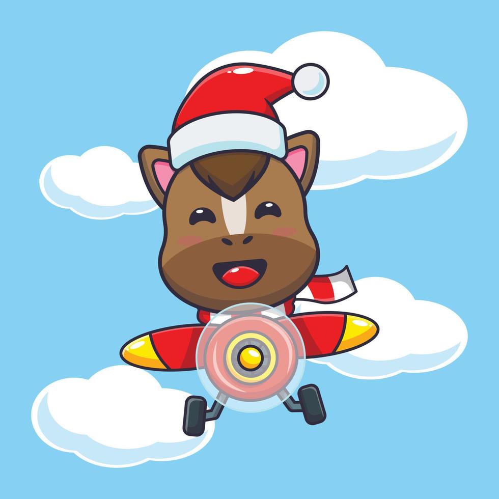 Cute horse wearing santa hat flying with plane. Cute christmas cartoon illustration. vector