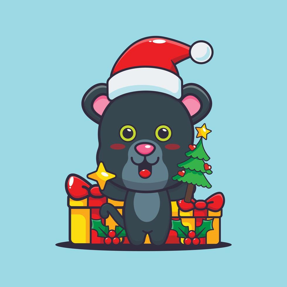 Cute panther holding star and christmas tree. Cute christmas cartoon illustration. vector