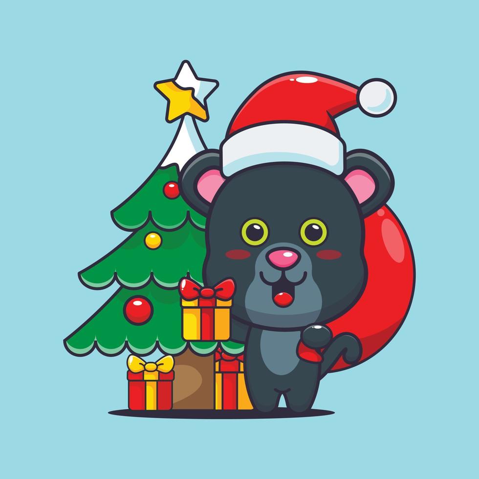 Cute panther carrying christmas gift. Cute christmas cartoon illustration. vector