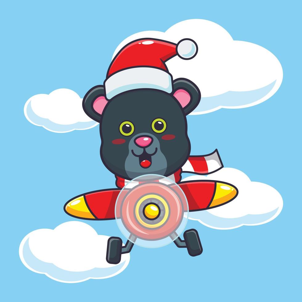 Cute panther wearing santa hat flying with plane. Cute christmas cartoon illustration. vector