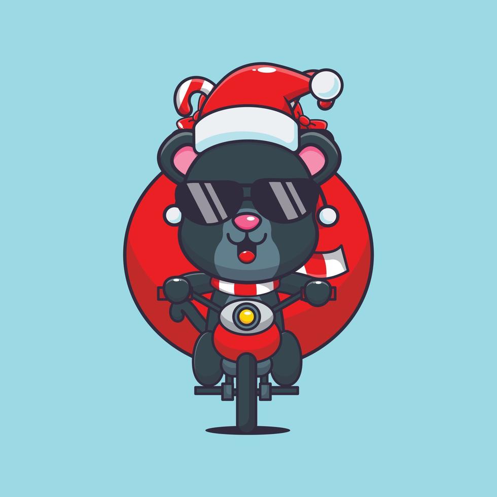 linda pantera llevando regalo de navidad con motocicleta. linda ilustración de dibujos animados de navidad. vector