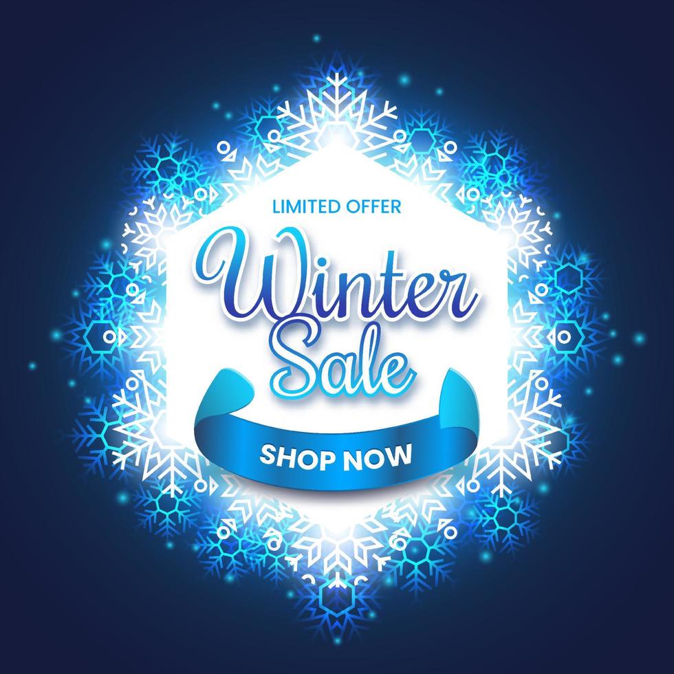 venta de invierno azul con copos de nieve brillantes realistas vector
