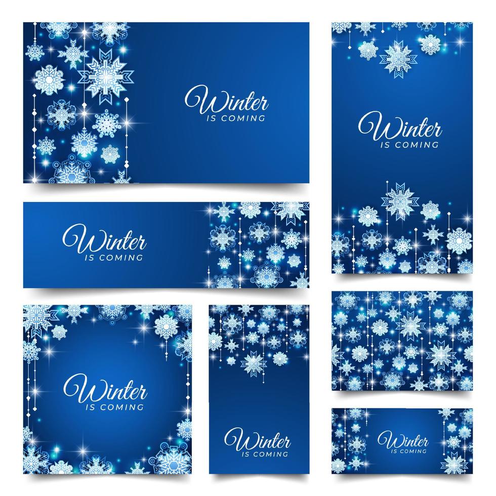 banner azul con colección de fondo de copo de nieve vector