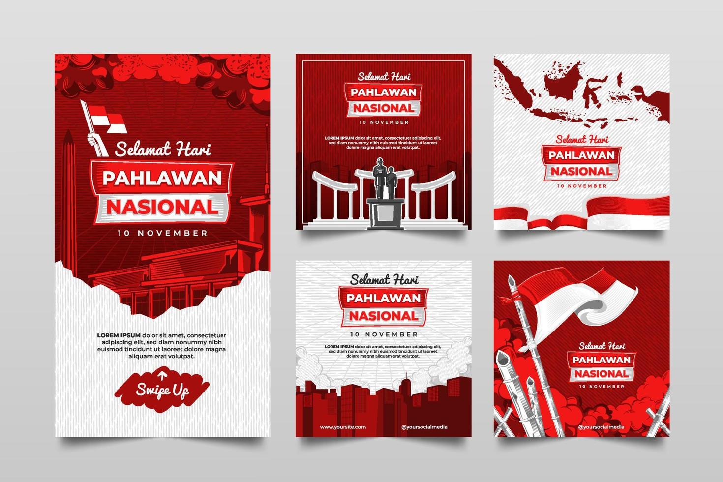 colección de plantillas de redes sociales del día de los héroes nacionales de hari pahlawan nasional o indonesio vector