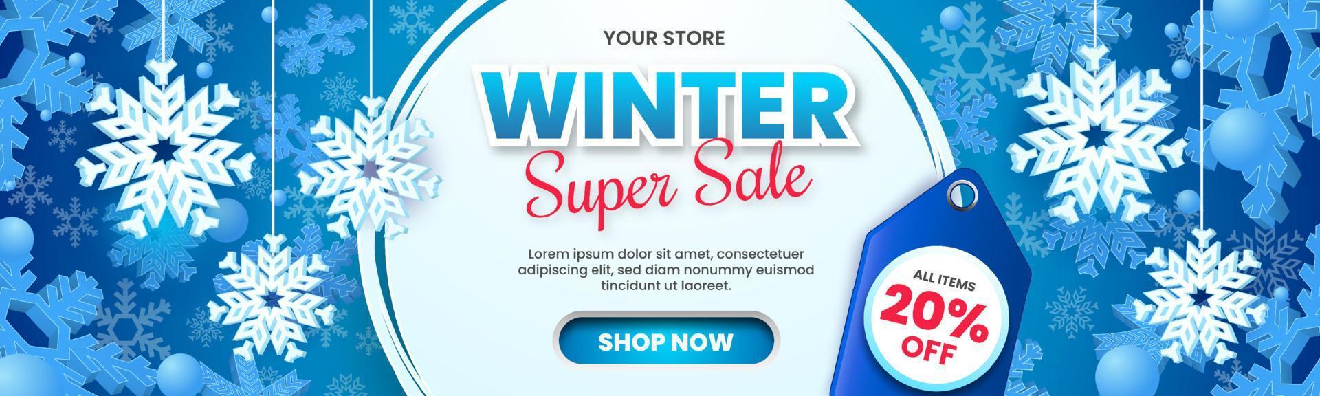 banner de venta de invierno con copos de nieve y etiqueta de precio vector