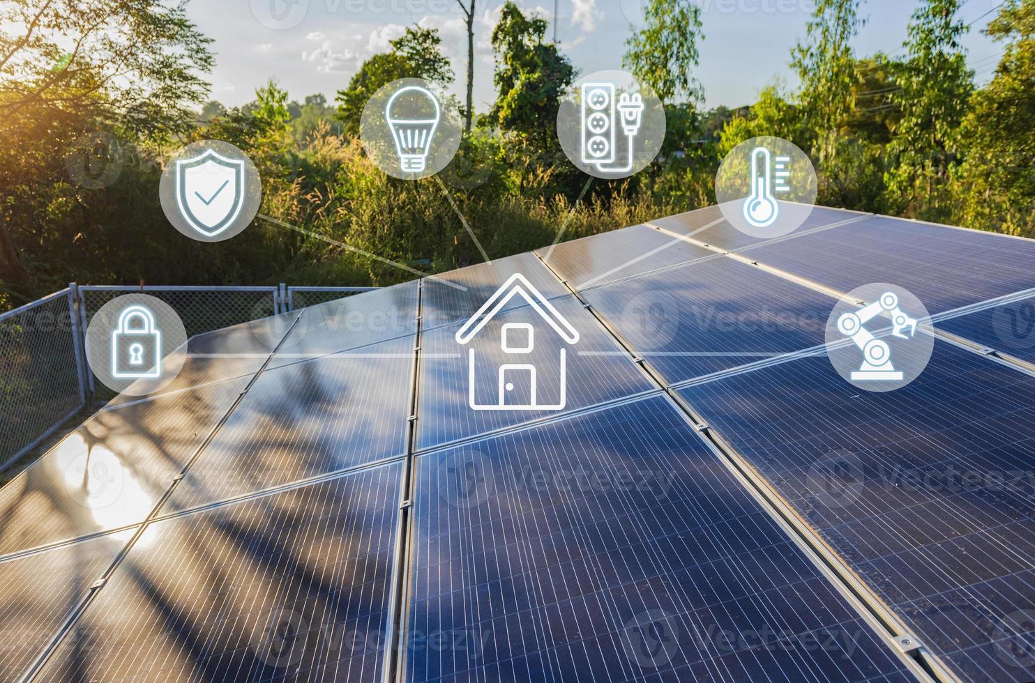 Concept of smart solar farm and control equipment Equipment, technology, automation, energy efficiency monitoring, electrical energy, temperature, lighting equipment, flammable safety. photo
