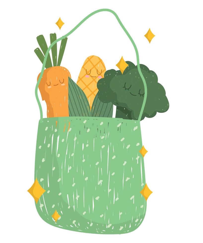 caricatura, verduras, en, bolsa, alegre, alimento, mascota, icono vector