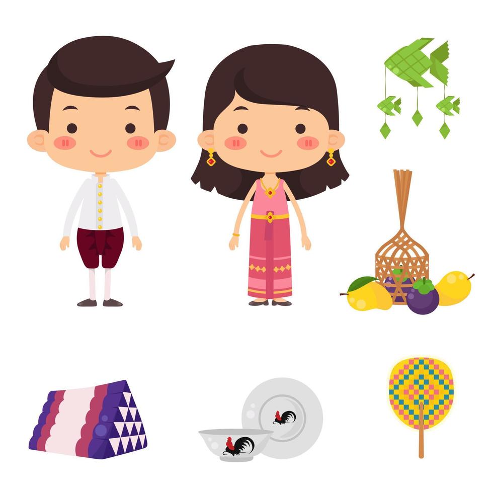 lindo niño y niña en tailandia tradicional vector