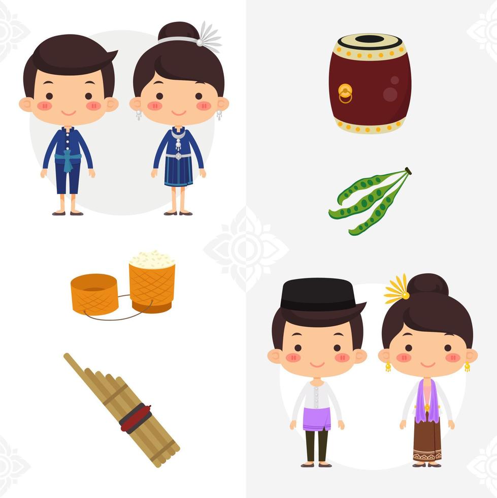 linda caricatura de pareja de tailandia con su cultura e identidad tailandesas. vector