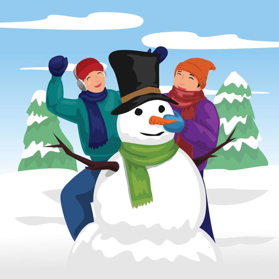 Two Teenagers Making Snowman vector