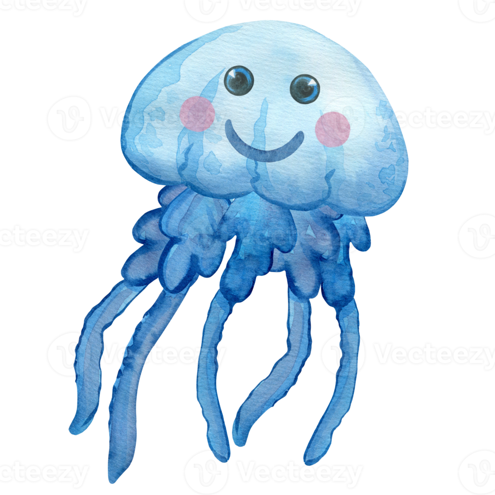 Cute character, light blue jellyfish with a smile, watercolor painting, hand-painted png