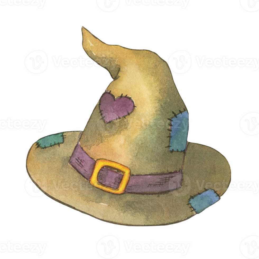 vecchio stregone è cappello, streghe, cerotti su il cappello, acquerello illustrazione disegnato a mano png