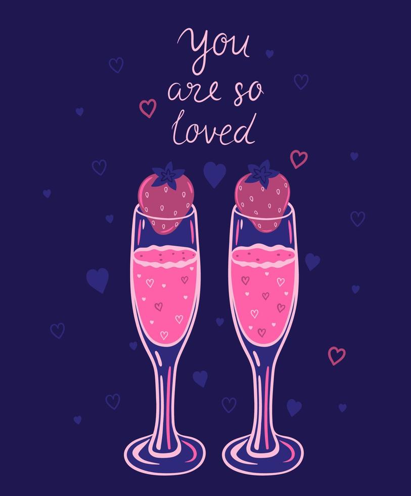 Valentine's day card with strawberry smoothies. Vector graphics.