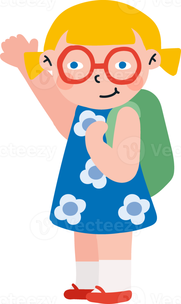 blonde hair girl blue eyes wearing glasses blue dress say hi png