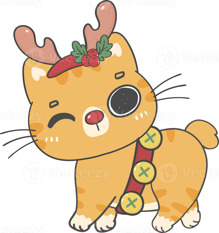 cute calico bobtail kitten cats with Christmas reindeer antlers cartoon hand drawing png