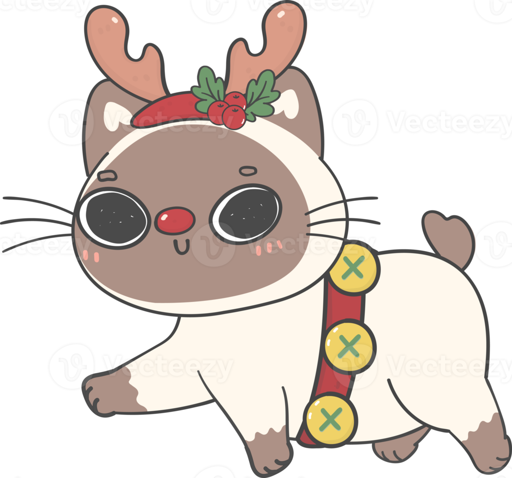 cute calico bobtail kitten cats with Christmas reindeer antlers cartoon hand drawing png