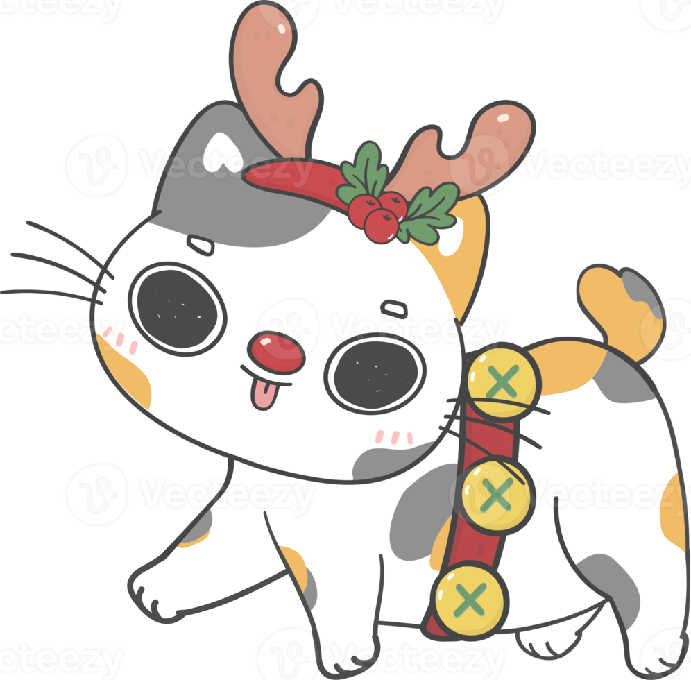 cute calico bobtail kitten cats with Christmas reindeer antlers cartoon hand drawing png