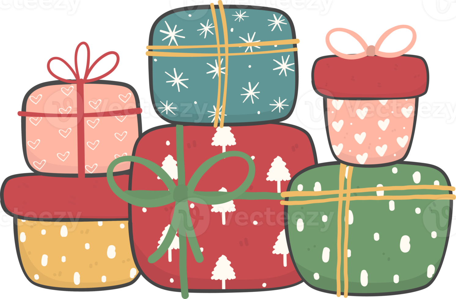 cute stacked colourful Christmas present gift box cartoon doodle hand drawing png