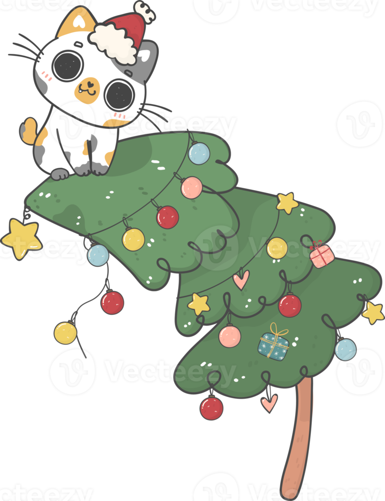 cute Christmas naughty kitten cat  on Christmas tree cartoon doodle hand drawing png