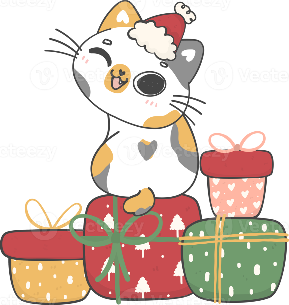 cute Christmas naughty kitten cat  on Christmas gift boxes cartoon doodle hand drawing png