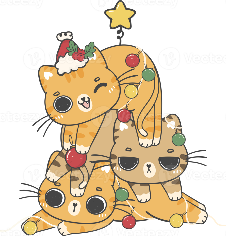 group of three ginger kitten cats piled up as a Christmas tree cartoon doodle hand drawing png