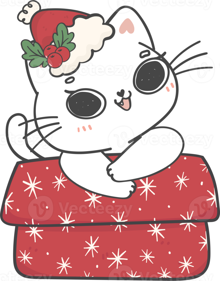 cute Christmas naughty kitten cat breeds with gift present box cartoon doodle hand drawing png