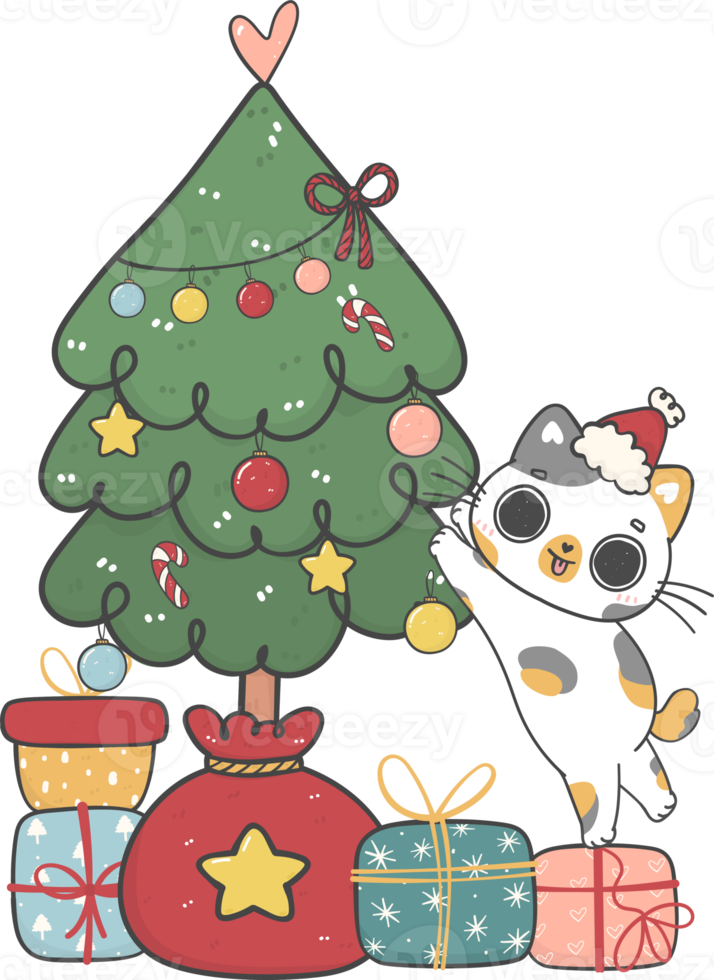 cute Christmas naughty kitten cat  on Christmas tree cartoon doodle hand drawing png