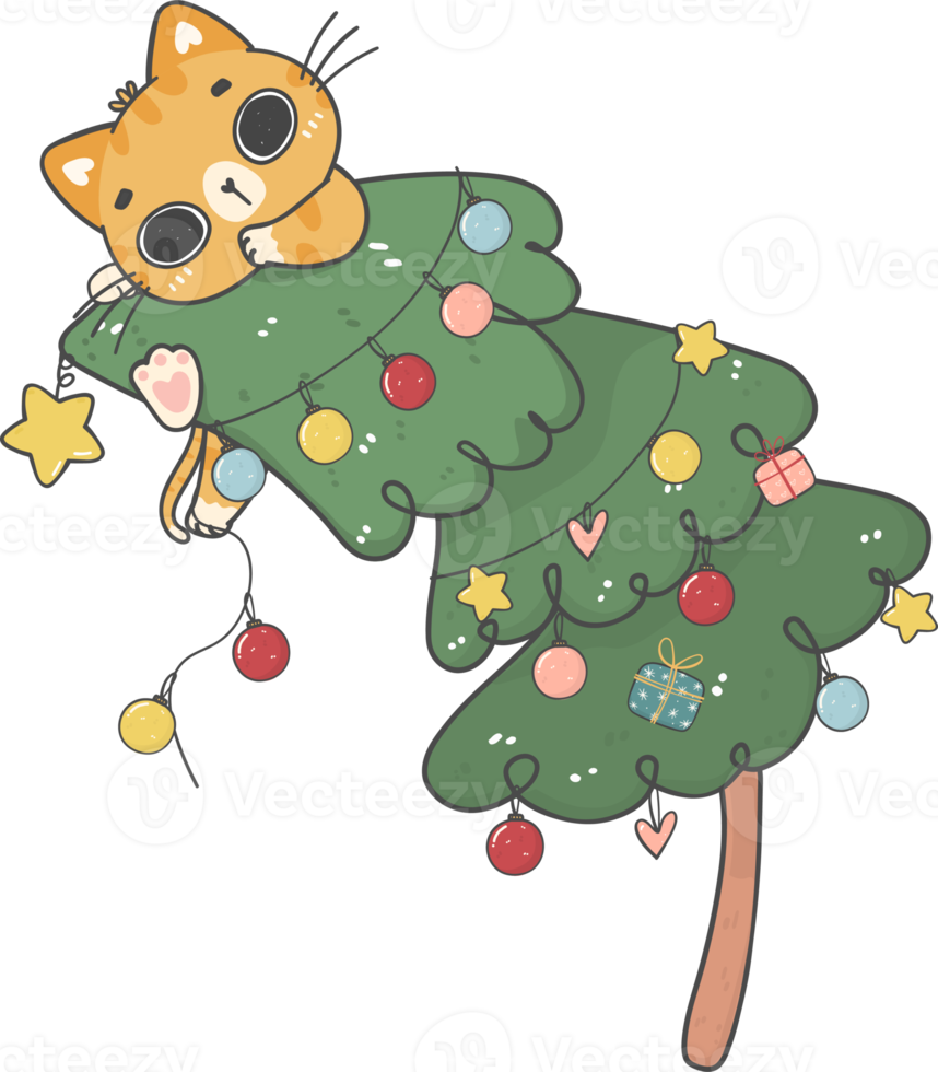 cute Christmas naughty kitten cat  on Christmas tree cartoon doodle hand drawing png