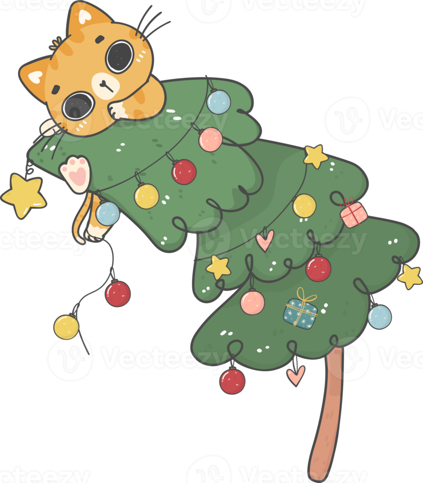 schattig Kerstmis ondeugend katje kat Aan Kerstmis boom tekenfilm tekening hand- tekening png