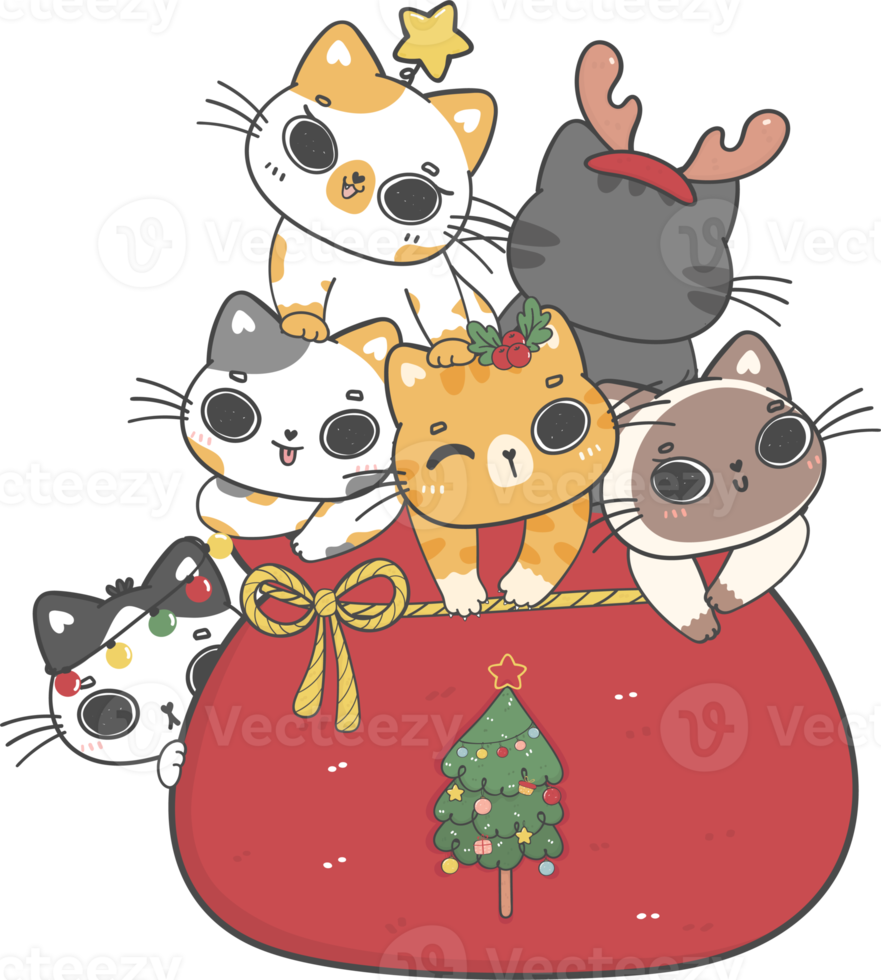 cute Christmas naughty kitten cat breeds in Santa sack cartoon doodle hand drawing png