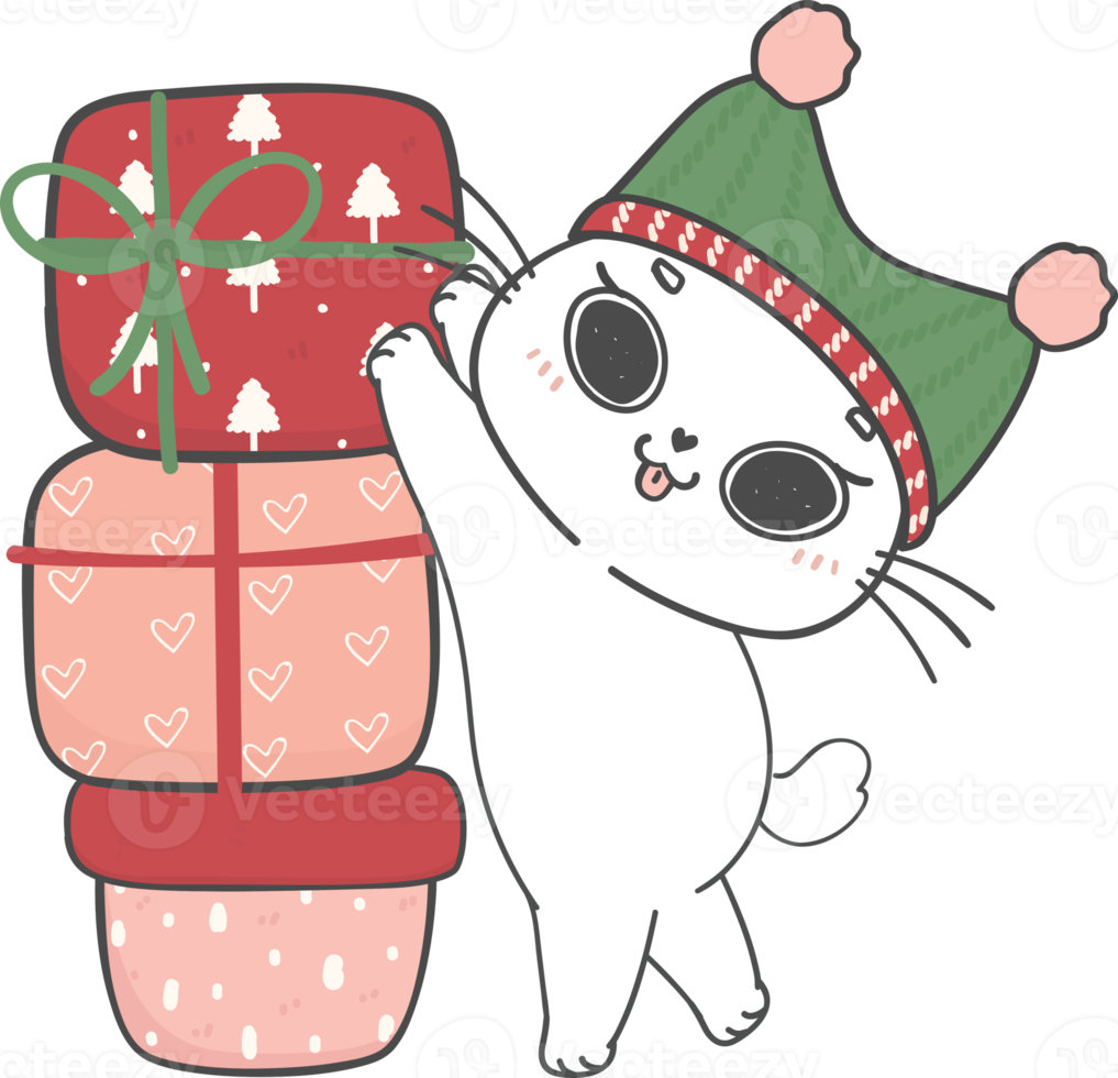 cute Christmas naughty kitten cat breeds with gift present box cartoon doodle hand drawing png